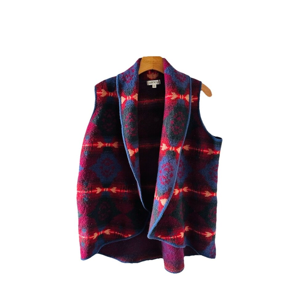ORVIS Womens Vest XL 100% Merino Wool Southwestern Aztec Cardigan Open Front